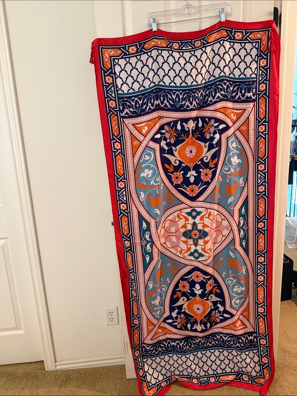 Geometric Medallion meditation Throw Blanket in Red, Navy & Orange -